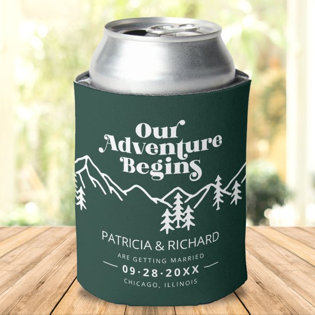 Our Adventure Begins Forest Green Save the Date  Can Cooler (Creator Uploaded)