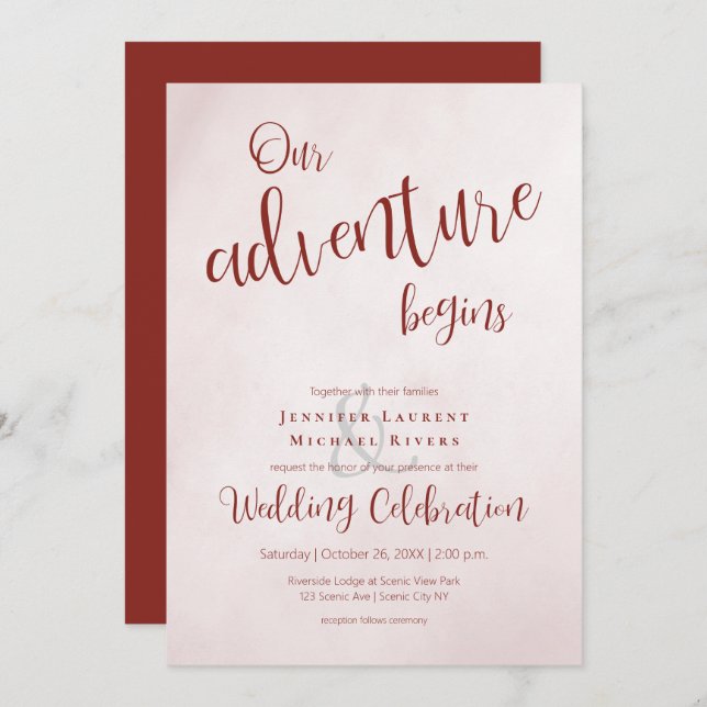Our adventure begins maroon calligraphy wedding invitation (Front/Back)