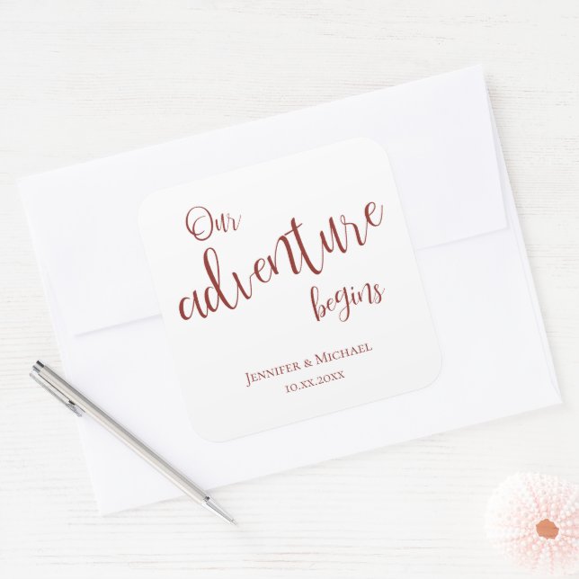 Our adventure begins maroon typography wedding square sticker (Envelope)