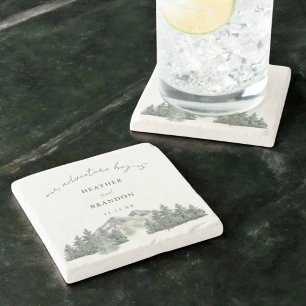 Our Adventure Begins Mountain Wedding Favours Stone Coaster