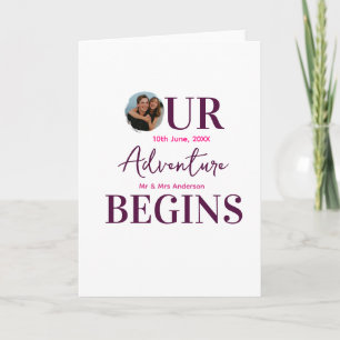 our adventure begins photo circular wedding couple card