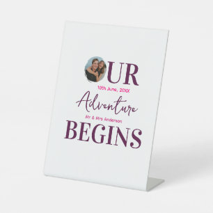 our adventure begins photo circular wedding couple pedestal sign