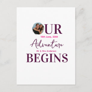our adventure begins photo circular wedding couple postcard