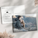 Our Adventure Begins | Photo Save the Date Announcement Postcard<br><div class="desc">A rustic save the date photo postcard for the outdoorsy and adventurous couple, designed to accommodate your favourite horizontal or landscape orientated full-bleed engagement photo. "Our Adventure Begins" appears as a white overlay along the bottom, with your names, wedding date and wedding location beneath. Postcards reverse to show additional save...</div>
