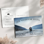 Our Adventure Begins | Photo Save the Date Announcement Postcard<br><div class="desc">A rustic save the date photo postcard for the outdoorsy and adventurous couple, designed to accommodate your favourite horizontal or landscape orientated full-bleed engagement photo. "Our Adventure Begins" appears as a black overlay arching across the top, with your names, wedding date and wedding location at the bottom. Postcards reverse to...</div>