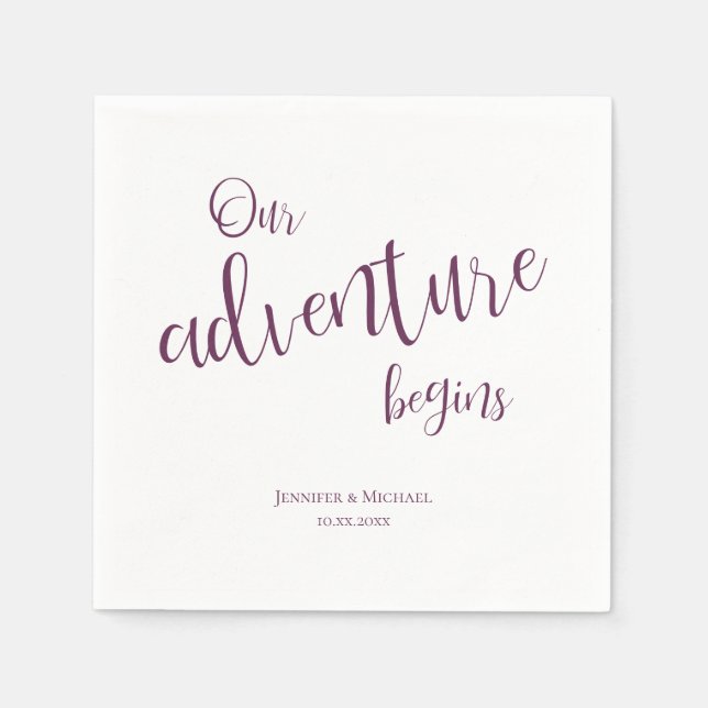 Our adventure begins plum typography wedding napkin (Front)
