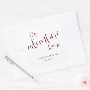 Our adventure begins plum typography wedding square sticker