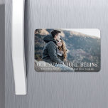 Our Adventure Begins | Save the Date Magnet<br><div class="desc">A rustic save the date photo magnet for the outdoorsy and adventurous couple,  designed to accommodate your favorite horizontal or landscape oriented full-bleed engagement photo. "Our Adventure Begins" appears as a white overlay along the bottom,  with your names,  wedding date and wedding location beneath.</div>