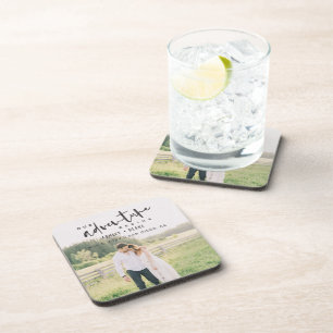 Our Adventure Begins Script Photo Save the Date Coaster