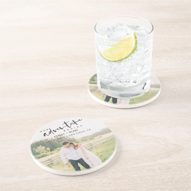 Our Adventure Begins Script Photo Save the Date Coaster (Side)