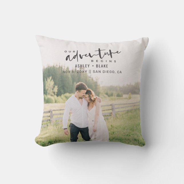 Our Adventure Begins Script Photo Save the Date Cushion (Front)
