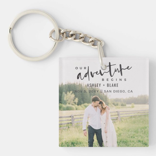 Our Adventure Begins Script Photo Save the Date Key Ring (Front)