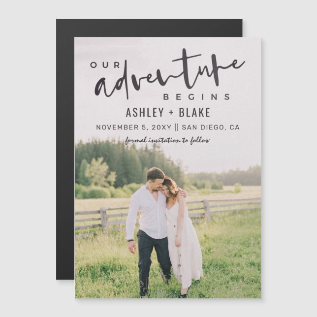Our Adventure Begins Script Photo Save the Date Magnetic Invitation (Front/Back)