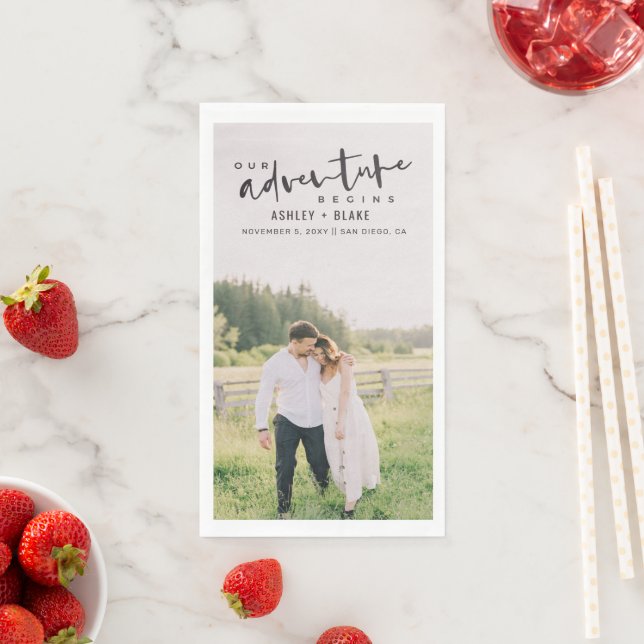 Our Adventure Begins Script Photo Save the Date Napkin (Insitu)