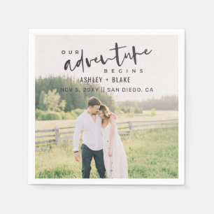 Our Adventure Begins Script Photo Save the Date Napkin