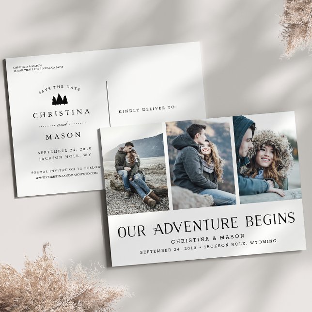 Our Adventure Begins | Three Photo Save the Date Announcement Postcard (Creator Uploaded)