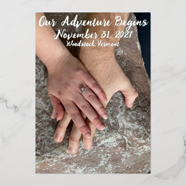 "Our Adventure Begins" treeline Save the Date (Front)