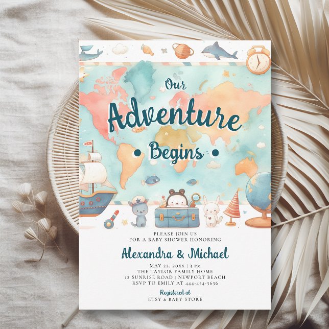 Our Adventure Begins World Map Boy Baby Shower Invitation (our adventure begins boy baby shower invitation cute world map watercolor cute adorable boat animals)