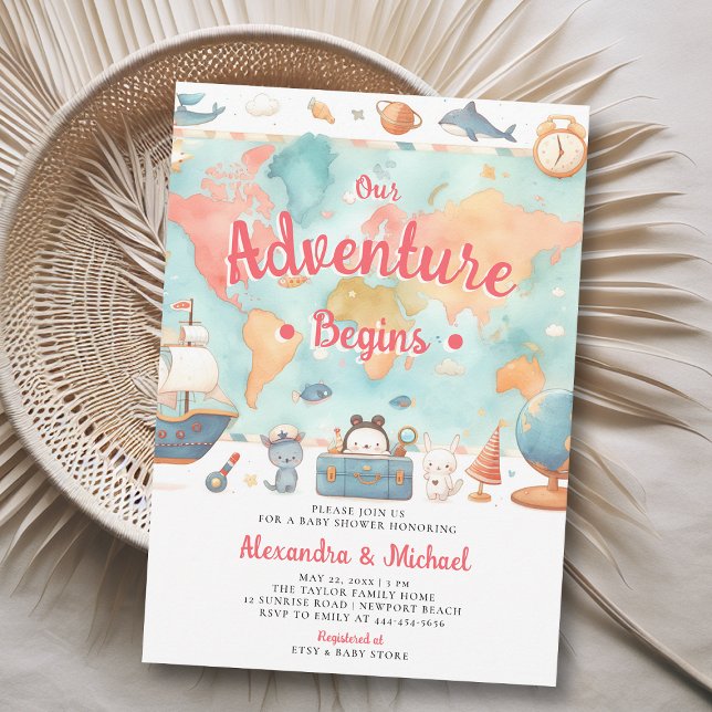 Our Adventure Begins World Map Girl Baby Shower Invitation (our adventure begins girl baby shower invitation cute world map watercolor cute adorable boat animal)