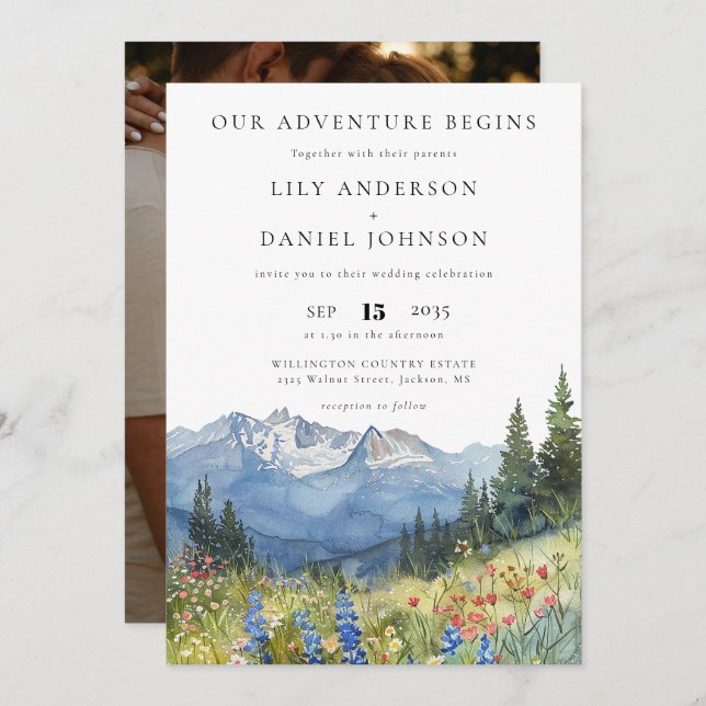 Our Adventure Mountain Wildflowers Photo Wedding Invitation (Front/Back)