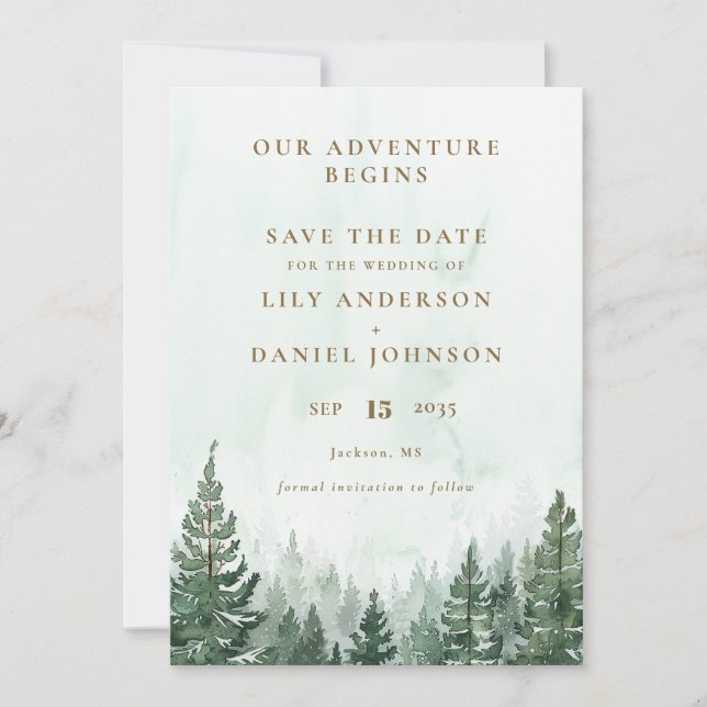 Our Adventure Rustic Pine Tree Forest Wedding Save The Date (Front)