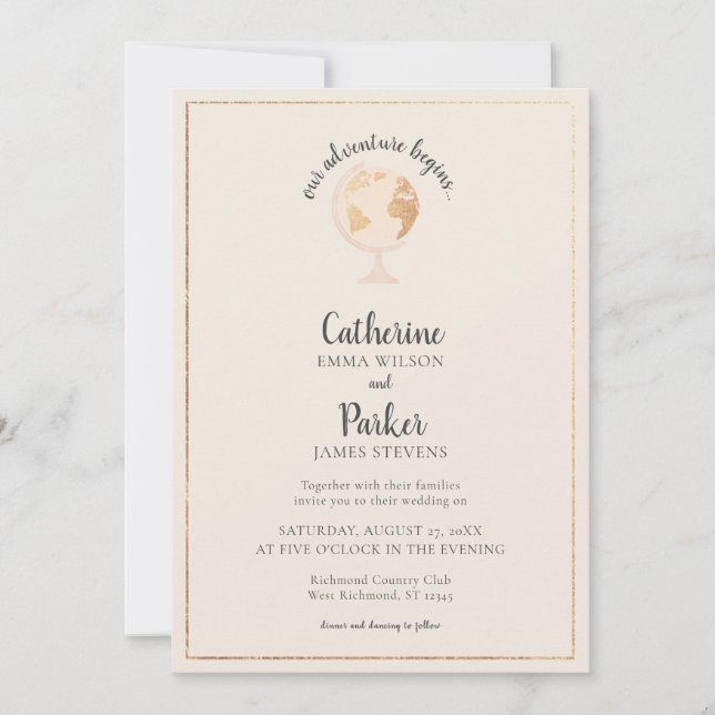 Our Adventure World Globe Map Travel Gold Wedding Invitation (Front)
