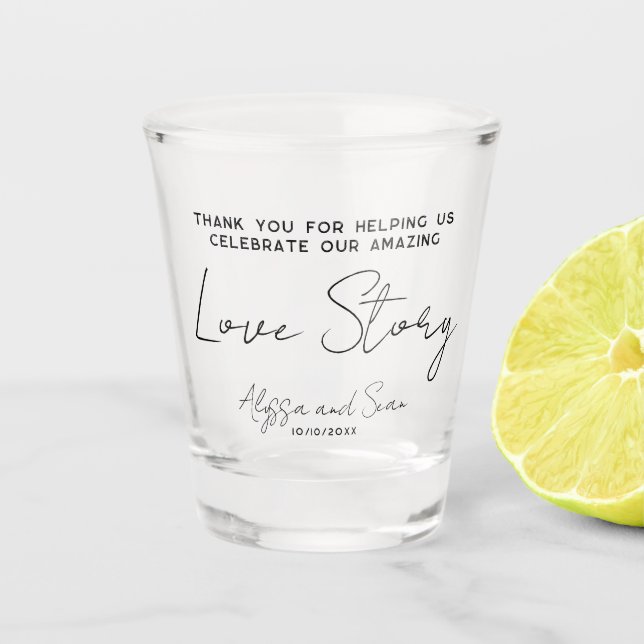 Our Amazing Love Story Wedding FAVOUR Bomboniere Shot Glass (Front)
