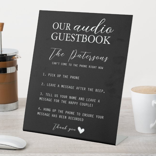 Our Audio Guestbook Minimalist Black White Elegant Pedestal Sign (In SItu)