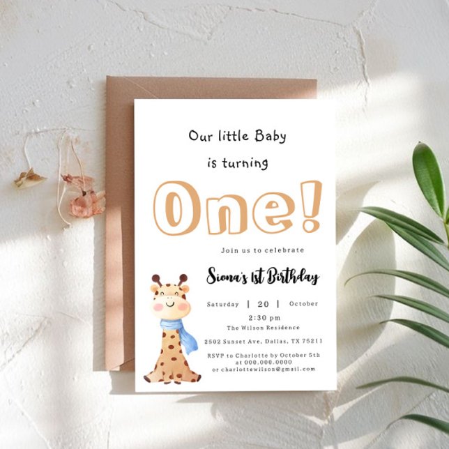 Our Baby Is Turning One Cute Giraffe 1st Birthday Invitation (Creator Uploaded)