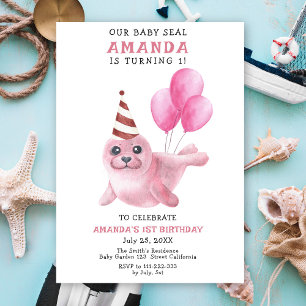 Our Baby Seal 1st Birthday Pink Girl Party Invitation