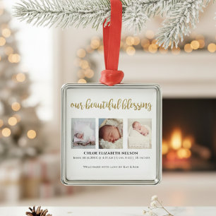 Our Beautiful Blessing 3 Photo Gold Glitter Modern Metal Ornament