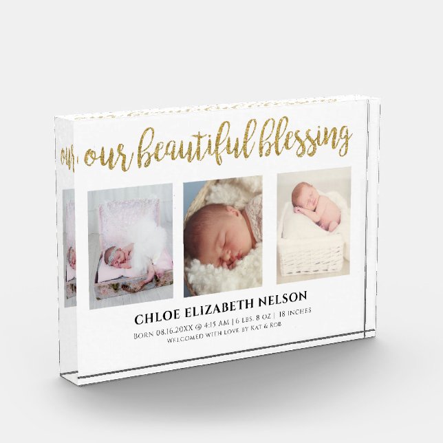 Our Beautiful Blessing 3 Photo Gold Glitter Simple Block (Left)