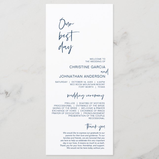 Our best day, Minimalist Navy Blue Wedding Program (Front)