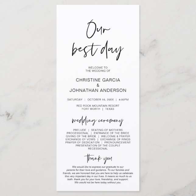 Our Best Day, Modern Minimalist Wedding Program (Front)