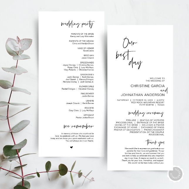 Our best day, Modern Minimalist Wedding Program (Our best day, Modern Minimalist Wedding Program Card, with ceremony order and wedding party.)