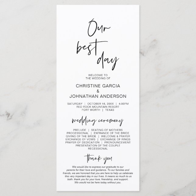 Our Best Day, Modern Minimalist Wedding Program (Front)