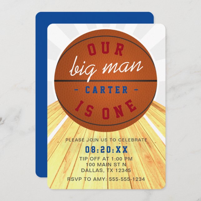 Our Big Man is One Basketball Theme 1st Birthday Invitation (Front/Back)