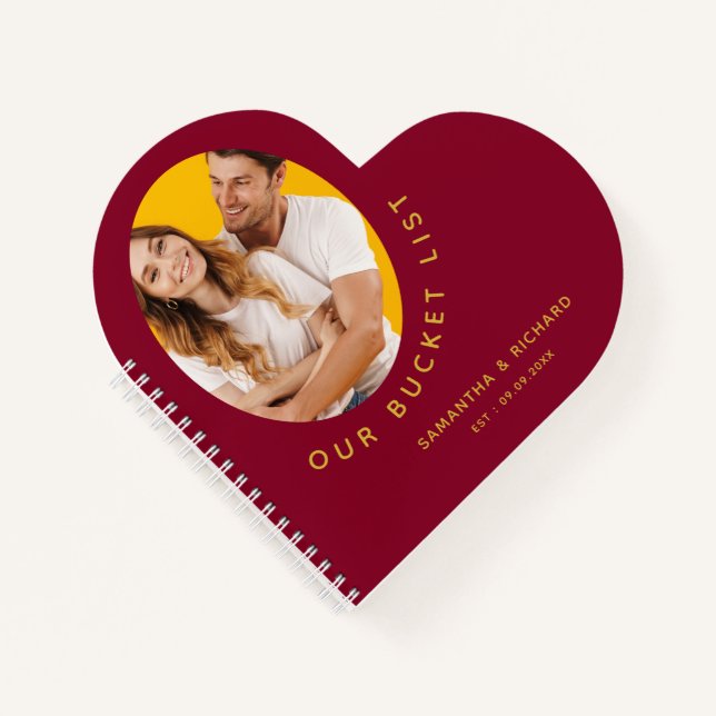 Our Bucket List Couple Photo Burgundy And Gold   Notebook (Front)