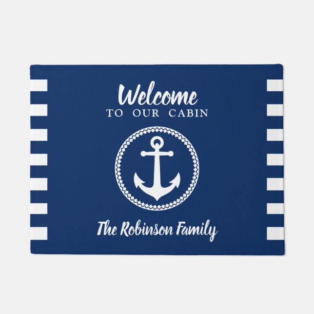 Our Cabin and Family Name with Anchor Navy Blue Doormat (Front)
