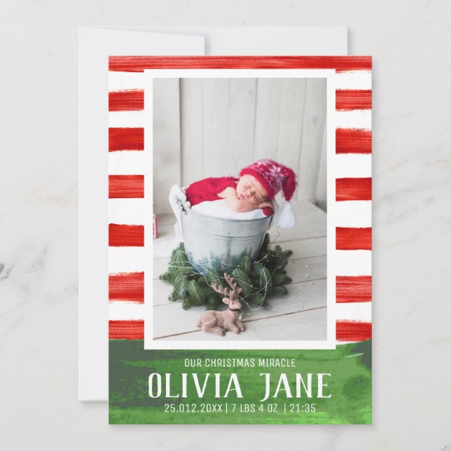 Our Christmas Miracle Newborn Photo Red Stripe Announcement (Front)