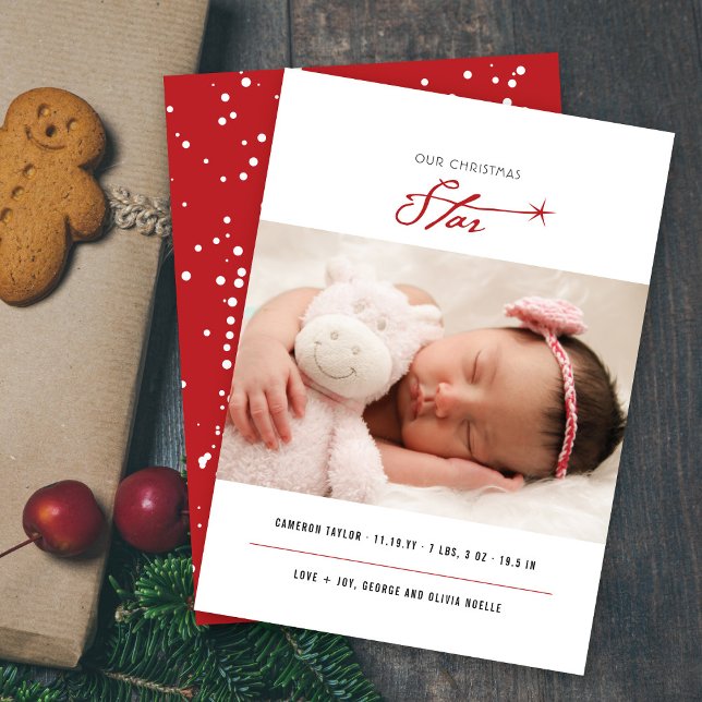 Our Christmas Star Stylish Baby Photo Modern Birth Holiday Card (Creator Uploaded)