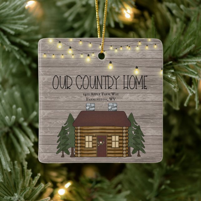 Our Country Home Log Cabin Your Address Christmas Ceramic Ornament (Tree)