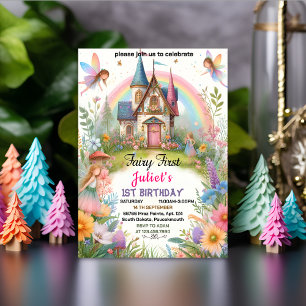 our cute Floral Pink girl fairy first 1st birthday Invitation