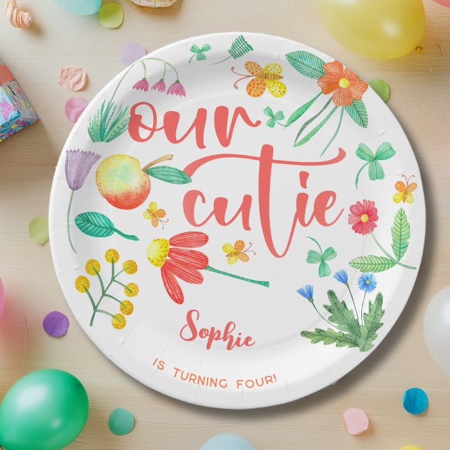 Our cutie is... summer floral kids birthday paper plate (Creator Uploaded)