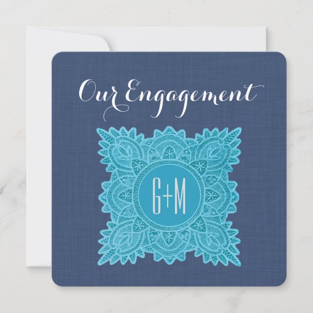 Our Engagement Aqua Lace Initials V09 NAVY BLUE Invitation (Front)