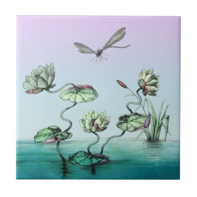 Our Exclusive! OAK Waterlilies Dragonfly HP Ceramic Tile (Front)