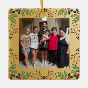 Our Family Christmas Photo Gold and Holly Frame Ceramic Ornament