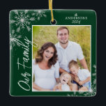 Our Family Handwriting Photo Green Christmas Ceramic Ornament<br><div class="desc">This square Christmas ornament is a perfect gift for any family. The design features a photo frame with handwritten text "Our Family" and is accented with light grey snowflakes on a dark green background. Personalise with your favourite family photo,  name and year.</div>