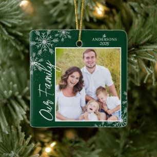 Our Family Handwriting Photo Green Christmas Ceramic Ornament