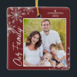 Our Family Handwriting Photo Red Christmas Ceramic Ornament<br><div class="desc">This square Christmas ornament is a perfect keepsake gift for any family. The design features a photo frame with handwritten text "Our Family" and is accented with light grey snowflakes on a dark red background. Personalise with your favourite family photo,  name and year.</div>